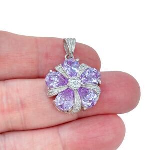 Estate Sterling Silver 925 Purple Cubic Zirconia Flower Pendant